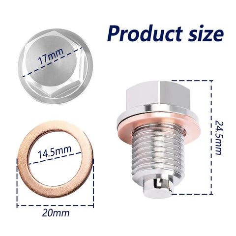 Magnetic M14 X 1.5 Oil Drain Plug Kit With Stainless Steel Pan Bolt And 2 Gaskets For Most Cars, showing product size details.