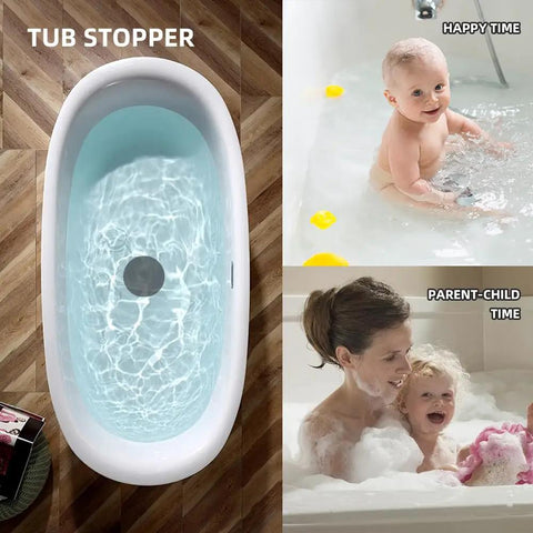 Heavy Duty Silicone Tub Stopper Two Pack Standard Six Inch Drain Plug in a bathtub, preventing water loss.