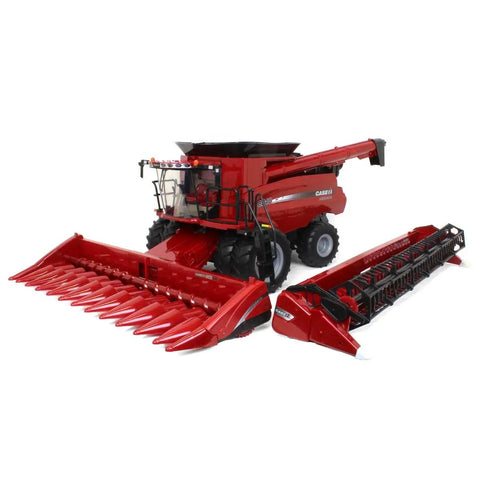Case IH 8240 Big Farm One Six Scale Combine with grain and corn heads, lights, and movable auger for realistic farm play.