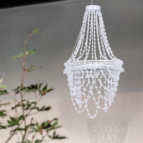 Give Your Outdoor Patio A Major Glow Up With This Stunning Handcrafted Solar Crystal Chandelier Featuring Cascading Diamond Sparkles And Weather Proof White Metal Frame, 40 inch height, white metal and crystal.