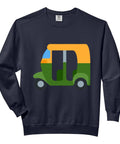 Auto Rickshaw Costume Unisex Adult Sweatshirt Super Dope Garment Dyed Cotton In Sleek Black With Roomy Side Seams For That Laid Back Weekend Vibe All Season Long featuring a graphic design of a colorful auto rickshaw.