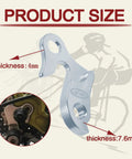 2 Pack Universal Bicycle Derailleur Hanger Replacement Tail Hook Silver Tone with size details and thickness measurement