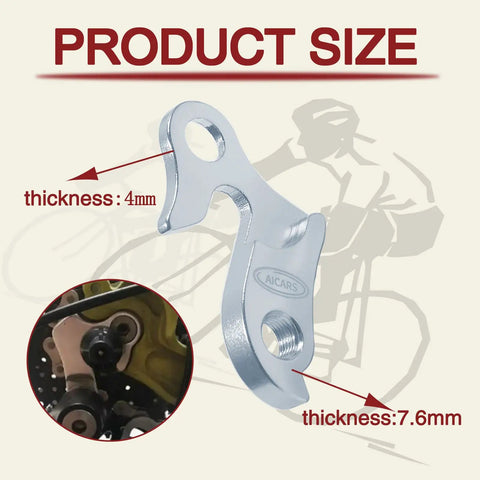 2 Pack Universal Bicycle Derailleur Hanger Replacement Tail Hook Silver Tone with size details and thickness measurement