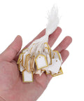 500 Pack Small Fan Shaped Price Tags With String For Clothing Jewelry Vendors Paper Tags With Writable Surface Great For Booths Crafting Stock Labels Gift Tags And Small Business Use For Your Shop, hand holding white and gold paper tags