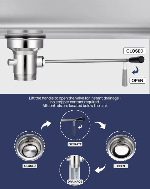 Three And A Half Inch Commercial Sink Drain With Twist Lever Handle For Restaurant Two Thirds Compartment Sink Waste Drain Valve Without Overflow Inlet Easy Control Blockage Free And Leakproof