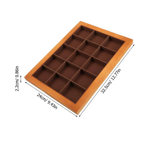 Premium Walnut Wood Jewelry Tray With 15 Grid Compartments, organized layout showing dimensions and compartments for jewelry.