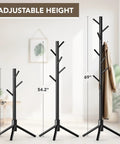 Wooden Tree Coat Rack Stand With Eight Hooks, Freestanding Coat Tree For Entryway, Bedroom, And Office, Adjustable Height In Three Positions, Sturdy Pine Wood Coat Organizer For Bags, Hats, And Coats with height options labeled 39.5, 54.2, 69 inches