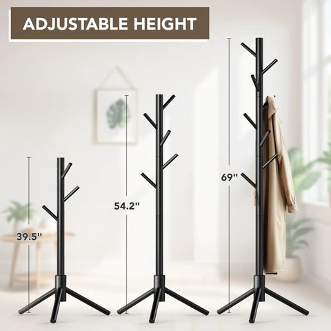 Wooden Tree Coat Rack Stand With Eight Hooks, Freestanding Coat Tree For Entryway, Bedroom, And Office, Adjustable Height In Three Positions, Sturdy Pine Wood Coat Organizer For Bags, Hats, And Coats with height options labeled 39.5, 54.2, 69 inches