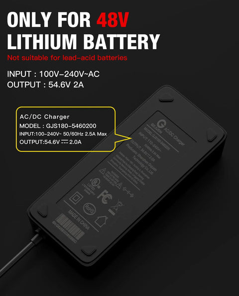 Straight Up Fast 54.6V 2A Ebike Charger For 48V Lithium Battery Quick Charge Adapter, showing detailed specifications and safety certifications.