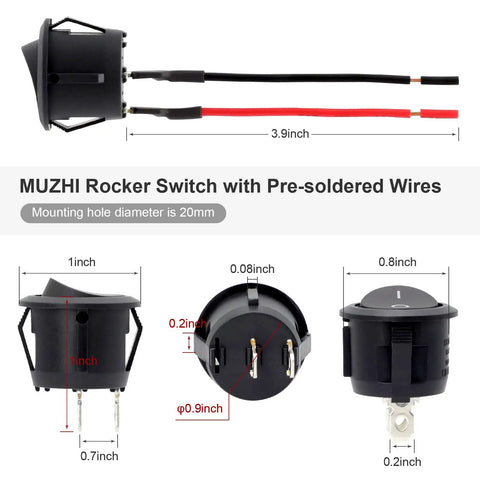 Six Pack Pre Wired Round Rocker Switches 2 Position On Off Toggle 12V DC With 100mm Leads side and front views