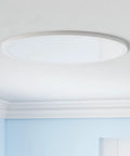 12 Inch Flush Mount Motion Sensor LED Ceiling Light With Remote Dimmable 3000K 4000K 5000K 2400 Lumen 360 Degree Sensor Ideal For Closet Hallway Laundry Stairs White shown installed on ceiling.