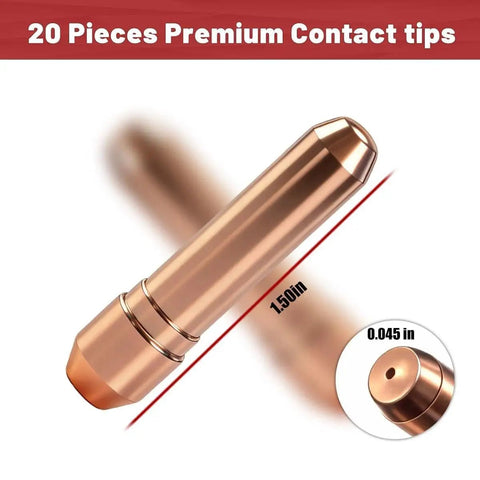 Heavy Duty 20 Pack Mig Welding Contact Tips T045.045 Diameter showing copper contact tip with measurements for MIG welding.