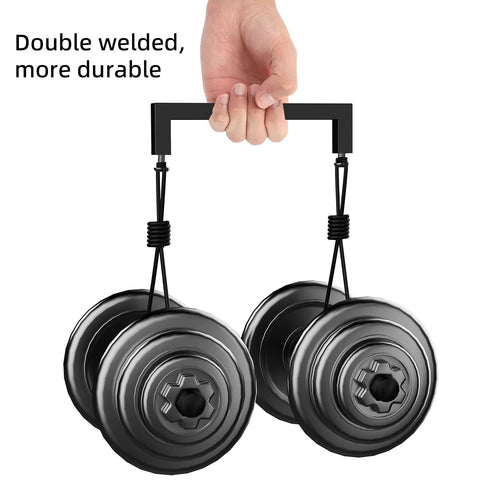 Hand holding double-welded weights with durable black handle, illustrating strength and sturdy construction.