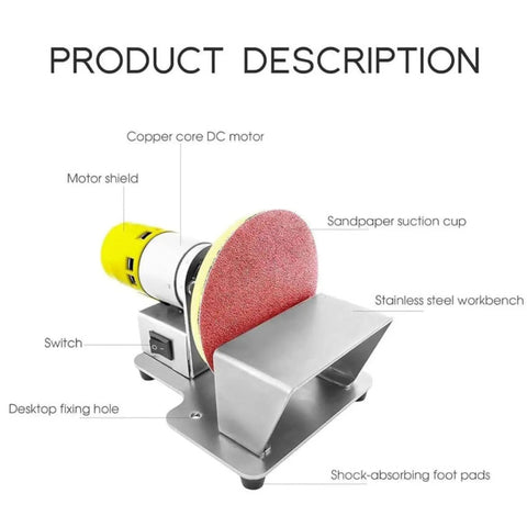 Powerful 7-Speed Electric Bench Sander With Variable Control Up To 6000Rpm displayed on a stainless steel workbench, featuring sandpaper suction cup.