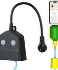 Smart WiFi sump pump alarm unit with float switch, app screen, and outlet cable for water level monitoring