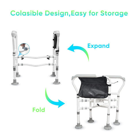 Heavy Duty Toilet Safety Frame With Suction Cups and Anti Slip Handrails, foldable design, adjustable width, carbon steel.