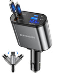 Retractable 4 In 1 Fast Car Charger With USB C And USB A Ports, Safe Overcharge Protection, no tangled cables, grey, close-up view