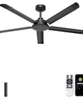 60 Inch No Light Industrial Ceiling Fan Black With Remote And App Control, 6800 CFM DC Motor, Aluminum Blades, visible remote, and app control.