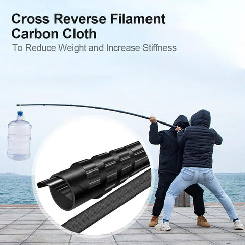 Ultralight Carbon Fiber Telescoping Tarp Poles for Tent Awning and Canopy demonstrating strength with two people holding a water jug.