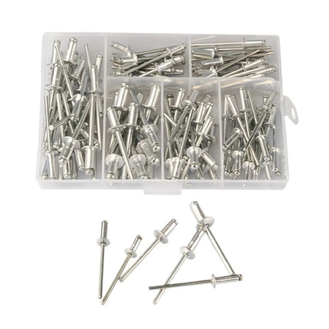 Assorted Blind Rivets Kit 120 Pcs M3.2 And M4 Aluminum Dome Head Pop Rivets set in organizer box with displayed pieces