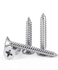 Built Like A Tank Tough As Nails Size 8 X One Point Two Five Inch Flat Head Sheet Metal Screws Phillips Drive showing stainless steel fasteners.