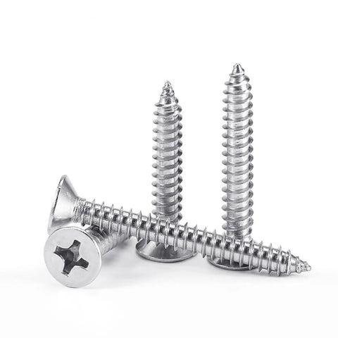 Built Like A Tank Tough As Nails Size 8 X One Point Two Five Inch Flat Head Sheet Metal Screws Phillips Drive showing stainless steel fasteners.