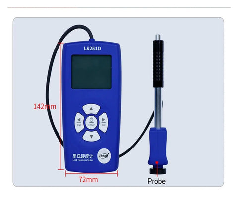 Pro Grade Portable Digital Hardness Tester For Metal Steel And Alloys Built Tough With A Smart 360 Impact Sensor showing display and probe.