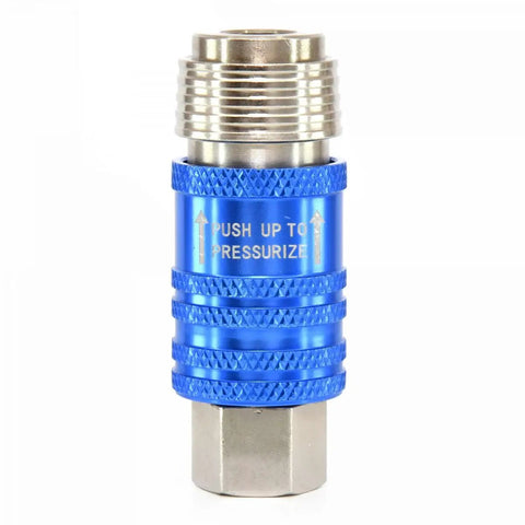5-In-1 Universal Safety Air Coupler with 0.25 Inch Female Thread in blue, heavy-duty quick connect for auto and industrial jobs, 250 PSI