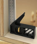 Professional Grade Carpentry Combination Square Layout Ruler With Dead On 45 And 90 Degree Marking measuring a wooden corner.