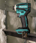 Brushless 18V Cordless Impact Driver With Quick Shift Mode and 4 Speed Settings, shown on a construction site rail