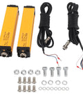 Far Infrared Safety Light Curtain With 20mm Beam Spacing, Aluminum Body, Light Screen Sensor, Grating Protection For Punching Machines, NPN NC Output, Industrial Guarding Device shown with connectors and mounting hardware.