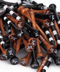 Natural Wood And Bamboo Golf Tees In Two Sizes 2 3 Quarter Inch And 3 1 Quarter Inch Pack Of 50 Or 120 For Reduced Friction And Side Spin Plus Stable Cup Head Black And Brown For Game Day, assorted black and brown tees with logos.