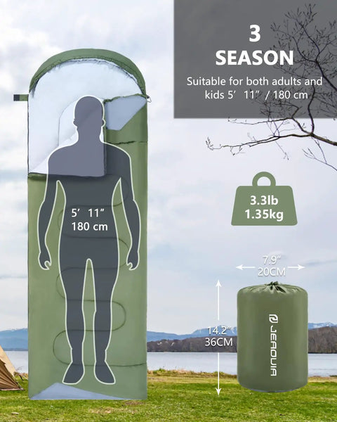Illustration of Ultra Lightweight Three Season Sleeping Bag For Adults Backpacking Waterproof Cold Weather Ready and its packable size with dimensions.