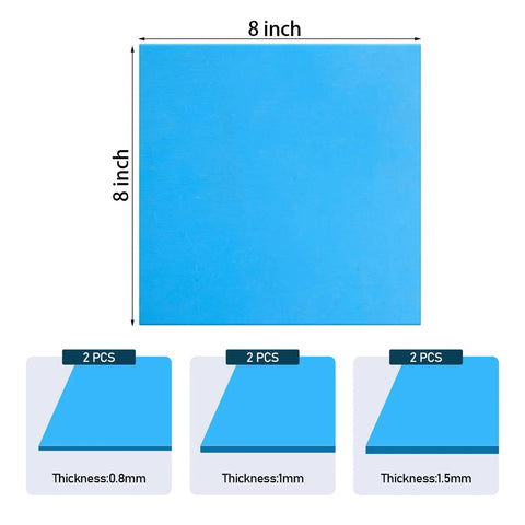 Front view of blue 8x8 inch gasket sheet; non-asbestos high-temperature material; thickness 0.8/1.0/1.5 mm, six sheets.
