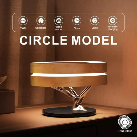 Circle model maple log table lamp with 10W wireless charging two 5W Bluetooth speakers bass LED light shade sleep mode.