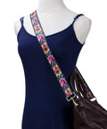 Adjustable Wide Crossbody Strap For Purses Featuring Antique Gold Tone Hardware And Fresh Flower Prints Killer Replacement Sling Strap on a brown bag.