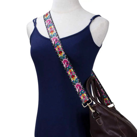 Adjustable Wide Crossbody Strap For Purses Featuring Antique Gold Tone Hardware And Fresh Flower Prints Killer Replacement Sling Strap on a brown bag.