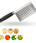 Crinkle cutter knife with stainless steel blade and black handle; kitchen tool for potatoes and vegetables.