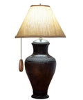 Table lamp with fabric shade and attached walnut wooden pull chain, featuring four piece walnut wood ceiling fan chain pull extensions.