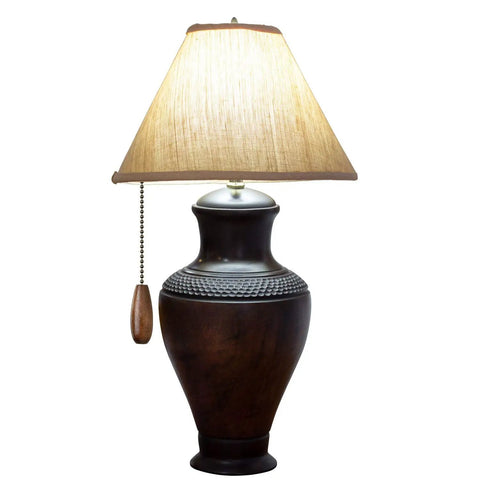 Table lamp with fabric shade and attached walnut wooden pull chain, featuring four piece walnut wood ceiling fan chain pull extensions.