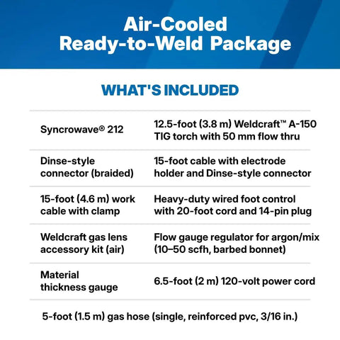 Syncrowave 212 Air Cooled Package AC DC TIG Welder With Auto Set Technology For Steel Stainless Steel And Aluminum Welds LCD Interface Coolmate 1S Ready package contents