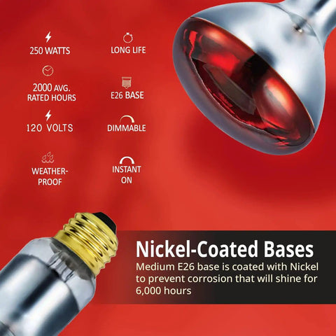 Red Infrared Heat Lamp Bulb 250W R40 Flood Reflector E26 Base shown with highlighted features including nickel-coated base.