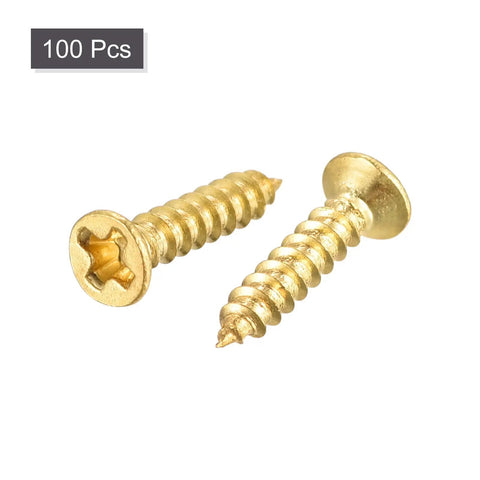 100 Count Brass Wood Screws M2 By 10mm Phillips Flat Head Self Tapping Fasteners in close-up view with smooth threading.