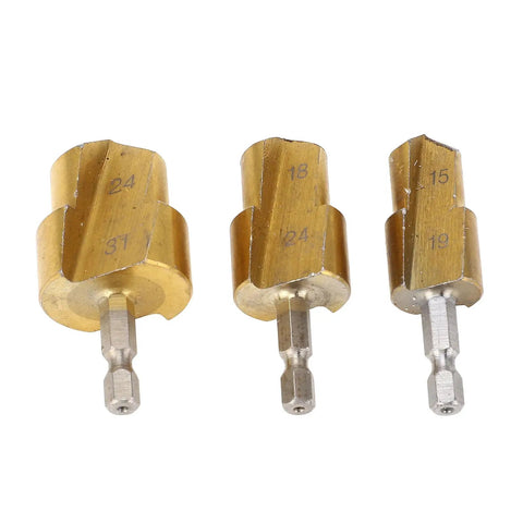 Get This Awesome 3 Piece Ppr Pipe Reamer Kit With High Carbon Steel Hex Shank Steps For Drilling PVC Fitting Expander Bits In 19mm 24mm And 31mm Sizes To Smooth Your Pipe Edges Like A Pro Handyman, three reamer bits