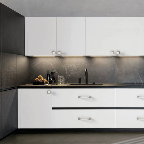 Brushed Satin Nickel Cabinet Pulls 4 Inch 102mm Hole Center Kitchen Cabinet Handles in a modern kitchen setting