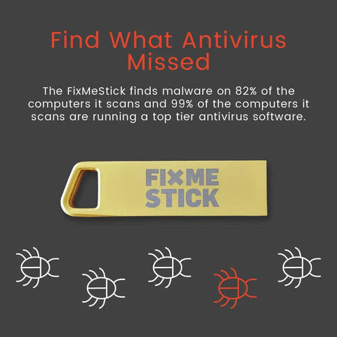 Gold Computer Virus Removal USB Stick For Windows PCs with text 'FixMeStick' against bugs and text background