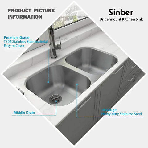 Undermount Double Bowl Kitchen Sink 32 By 18 By 9 Inches, 18 Gauge 304 Stainless Steel, Satin Finish with quiet operation in countertop