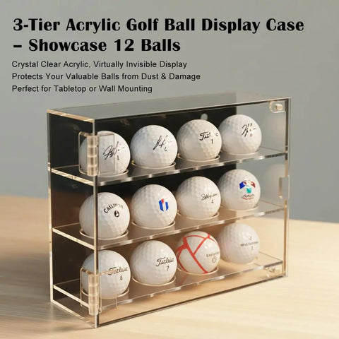 3 Tier Acrylic Golf Ball Display Case With 12 Compartments, Wall Mount Or Desktop Showcase on table with golf balls