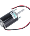 High Speed Permanent Magnet DC Motor 30W With Ball Bearings Runs Super Smooth And Quiet For Robotics DIY Projects CNC Accessories 12V 3500 RPM CW CCW Reversible Long Shaft Gear Drive System, 12V motor with metal casing and wires.