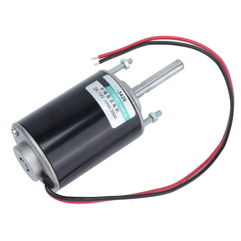 High Speed Permanent Magnet DC Motor 30W With Ball Bearings Runs Super Smooth And Quiet For Robotics DIY Projects CNC Accessories 12V 3500 RPM CW CCW Reversible Long Shaft Gear Drive System, 12V motor with metal casing and wires.